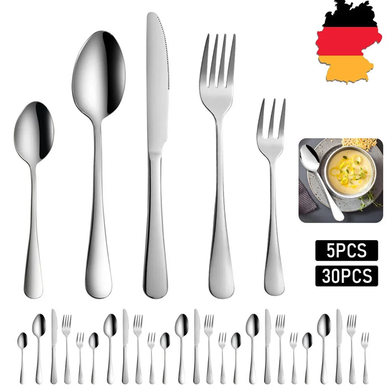 5/30 pezzi Set di posate Stoviglie in acciaio inossidabile Coltello da bistecca Forchetta Cucchiaio