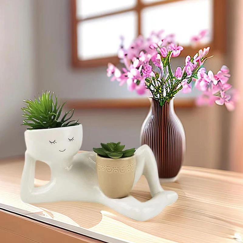 New Succulent Planter Lazy Little Man Plant Pot Resin Crafts Desktop Home Furnishings With Drainage Hole Vase Decoration