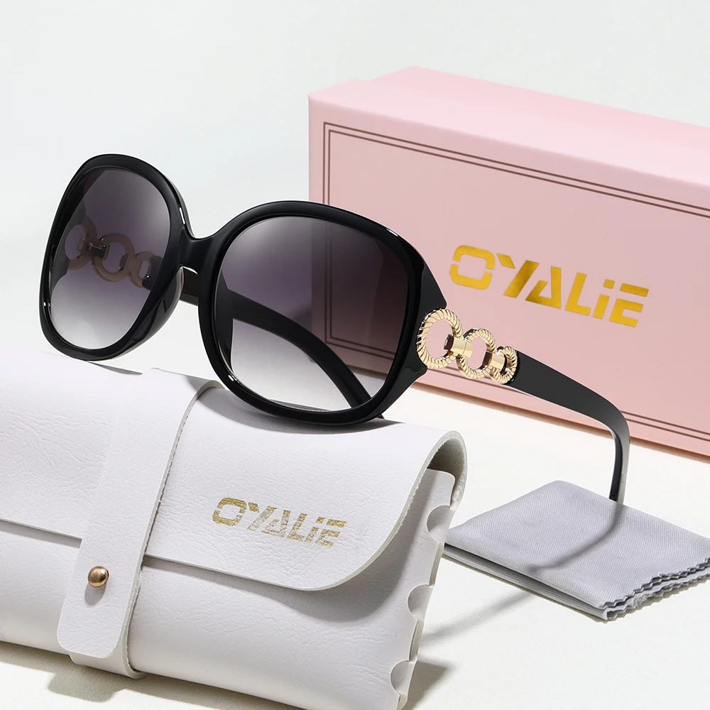 نظارات شمسية نسائية ذات ثلاث حلقات من العلامة التجارية مصممة على الموضة بإطار كبير كلاسيكي دائري معدني مزخرف للحماية من الشمس