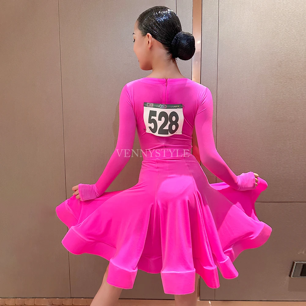 Vennystyle Latin dance competition dress Professional ballroom dance long sleeve velvet dance dress red professional dance dress