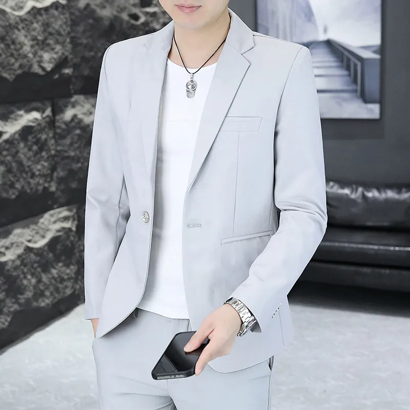 

om's Wedding Suit Casual Ele Men's Two-Piece Set Stand Fit Polyester Fiber Formal Wear Pure Color arp Sle