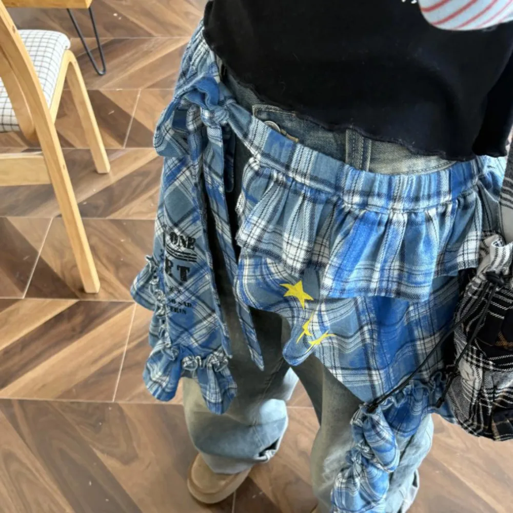 

Fashion Star Layer Outfits Plaid Skirt Hip-hop Sweet Lace Up Hip Scarf Korean Style Y2K Ruffled Edge Waistband Jeans Decor