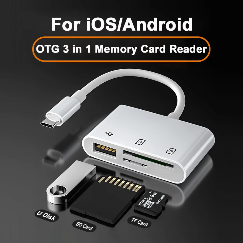 OTG 3 in 1 USB Type C Adapter For iOS Android USB TF SD Card Reader For iPhone 16 15 Pro Max Macbook Samsung XiaoMi Laptop Phone