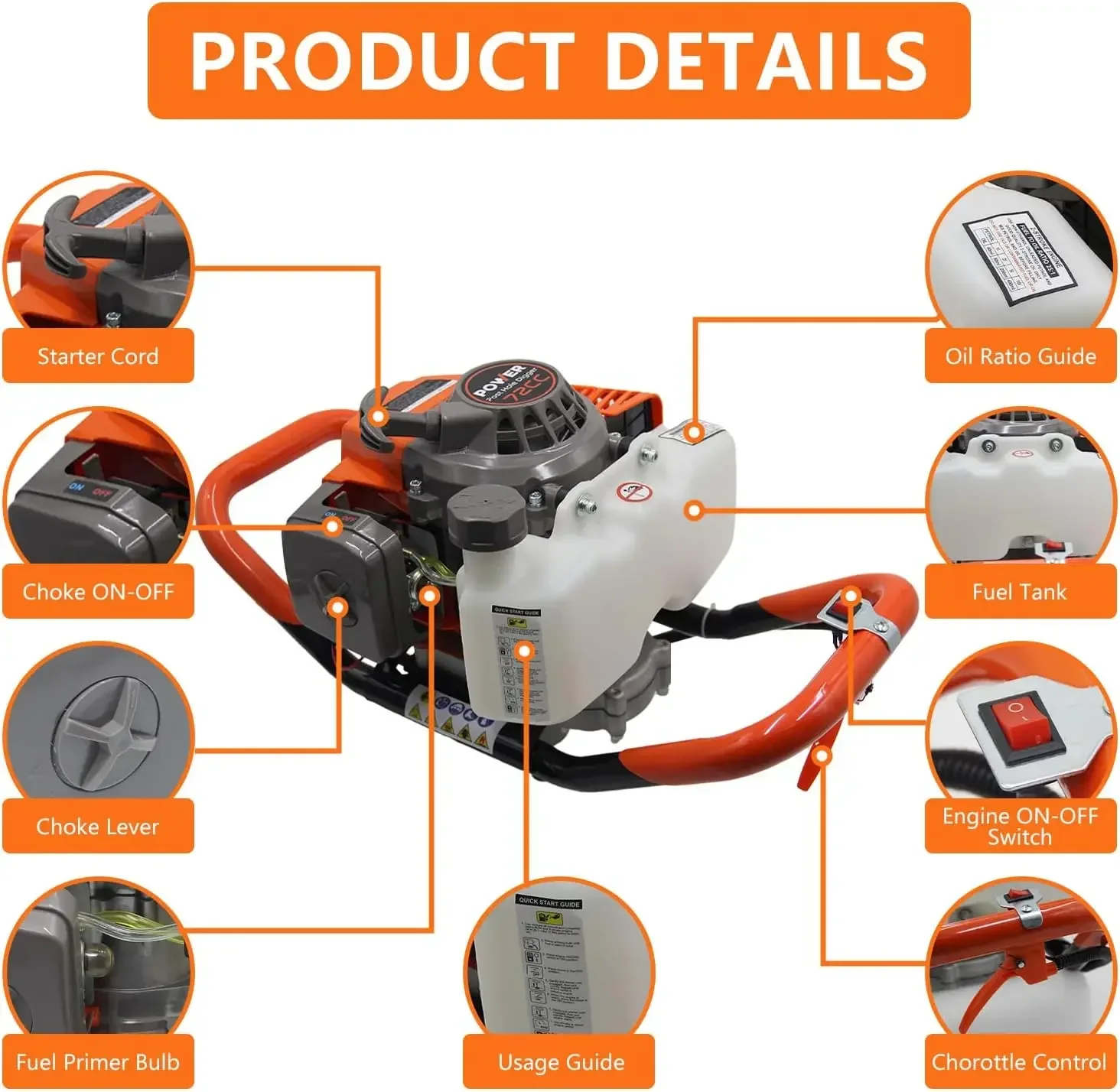 

-72CC Auger Post Hole Digger, 2 Stroke Gas Powered Earth Post Hole Digger With 2 Auger Drill Bits(6" & 8") + 1 Extension Rods