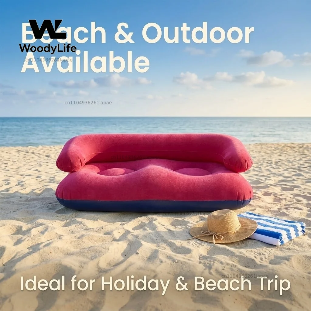 2 Person Inflatable Sofa Couch Portable Foldable Air Couch with Armrest Flocked Outdoor Camping Home Leisure Inflatable Lounge C