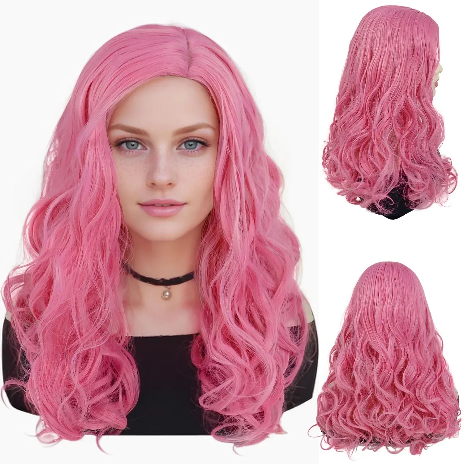 

Pink Wigs for Women Synthetic Hair Long Curly Wig with Side Bangs Anime Cosplay Party Halloween Red Costume From Heat Resistant