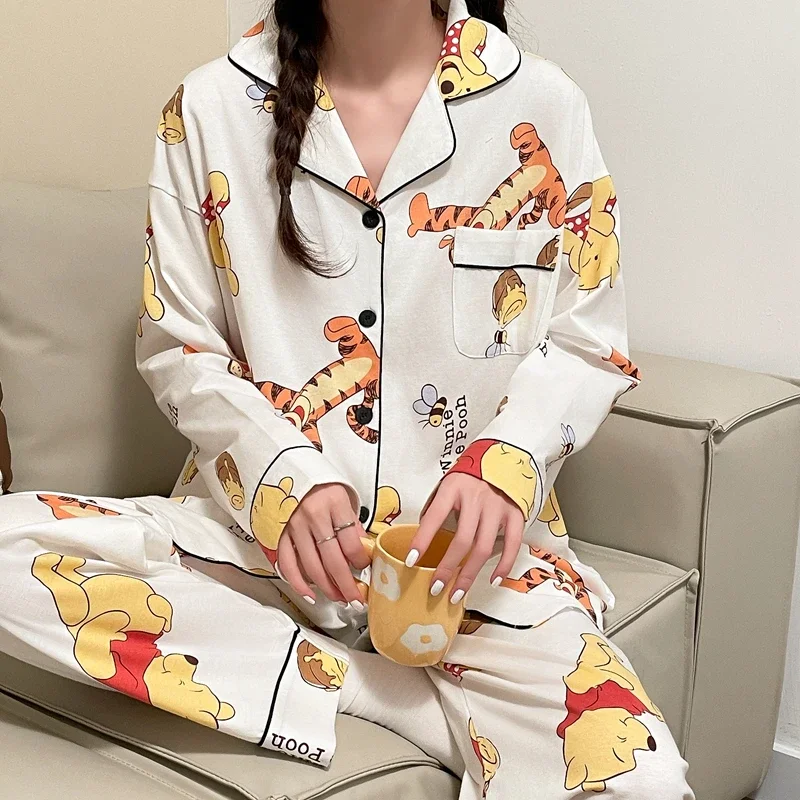 Disney Winnie the Pooh cotton pajamas autumn and autumn new cartoon long-sleeved loose with chest pad women\'s pajamas loungewear