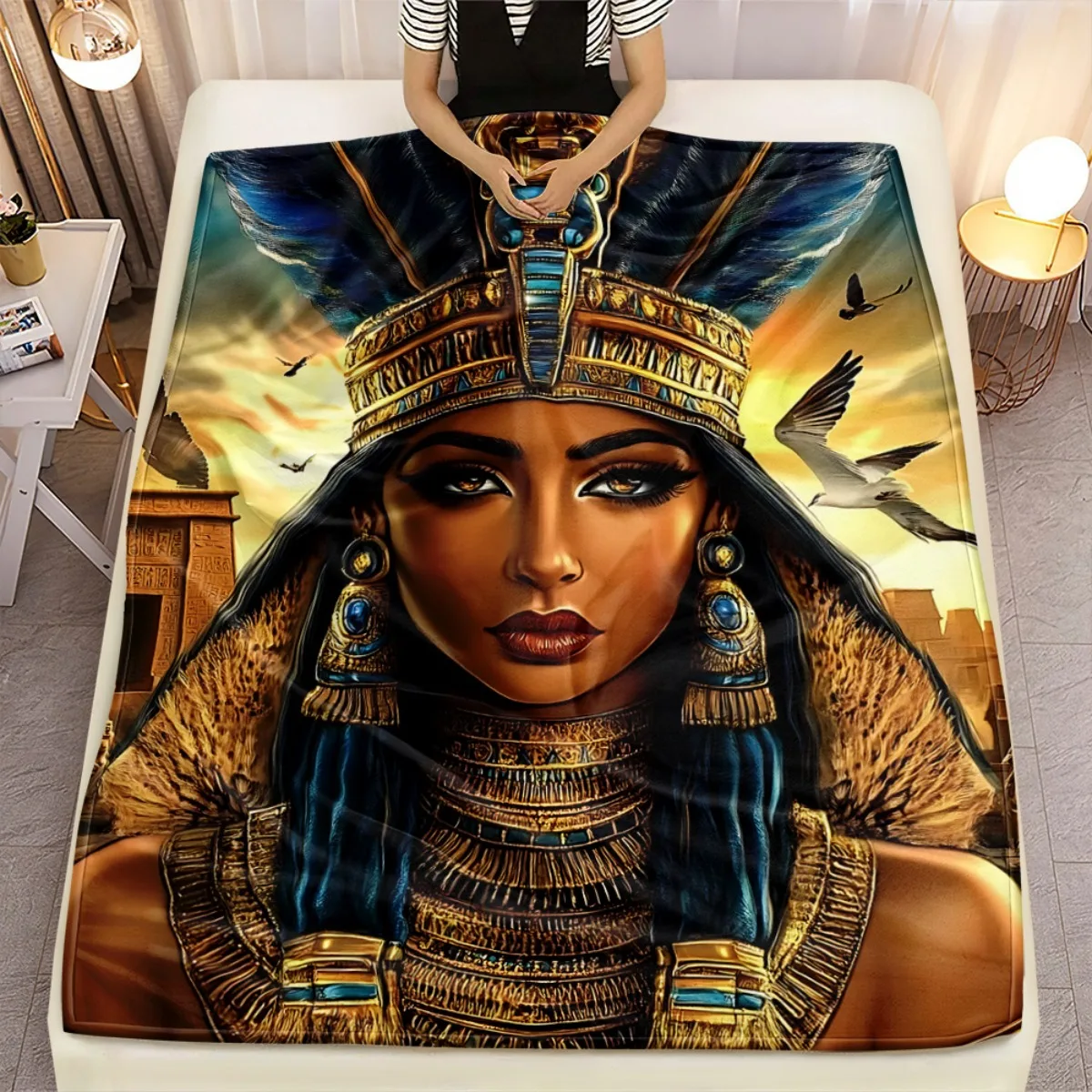 Egypt Queen Cleopatra Theme Fleece Blanket Ancient Egyptian Art Bedding Cover Unique Gift for History Lovers