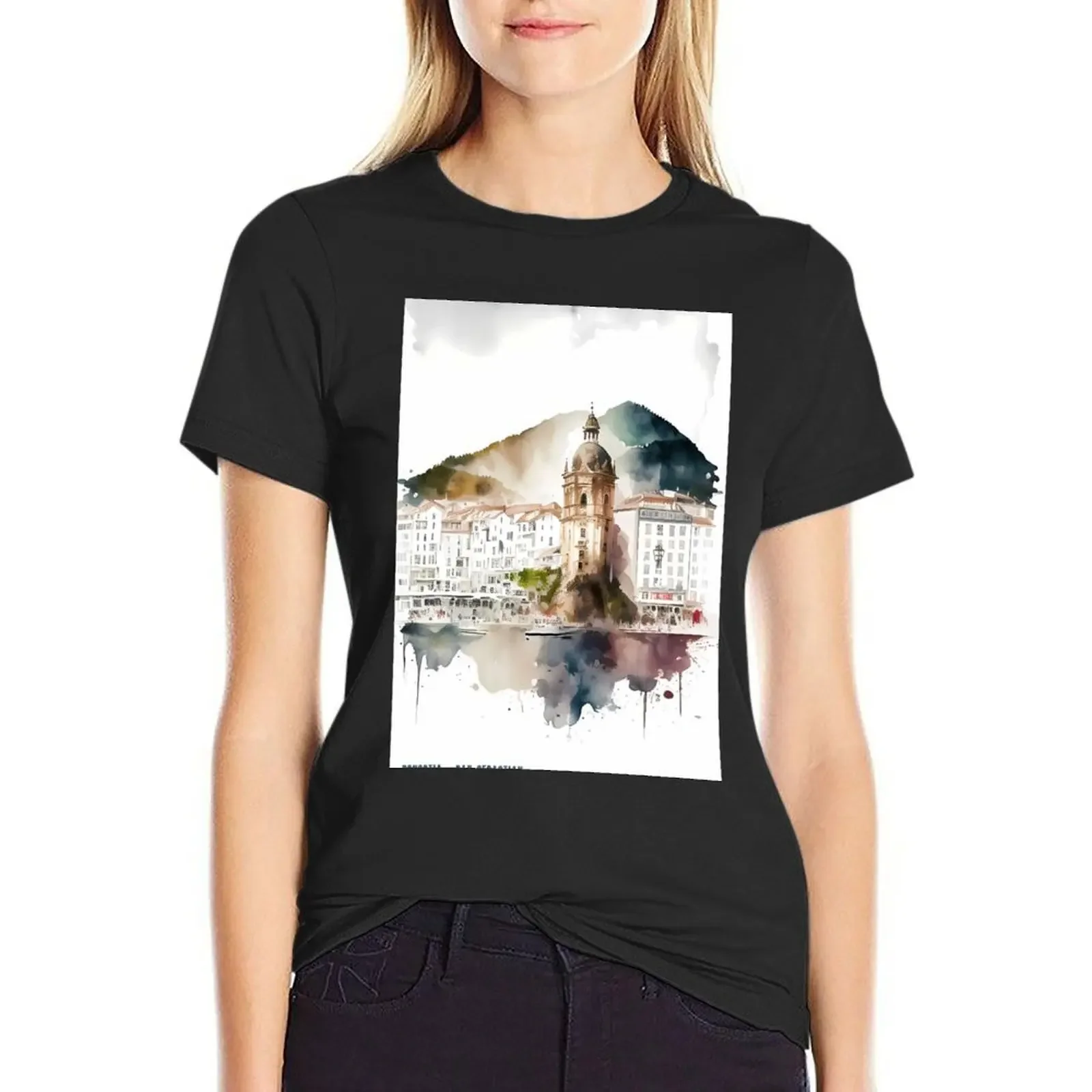 

DONOSTIA: Oh Donostia!: A poem on watercolor T-Shirt Female clothing vintage plus size tops Top Women