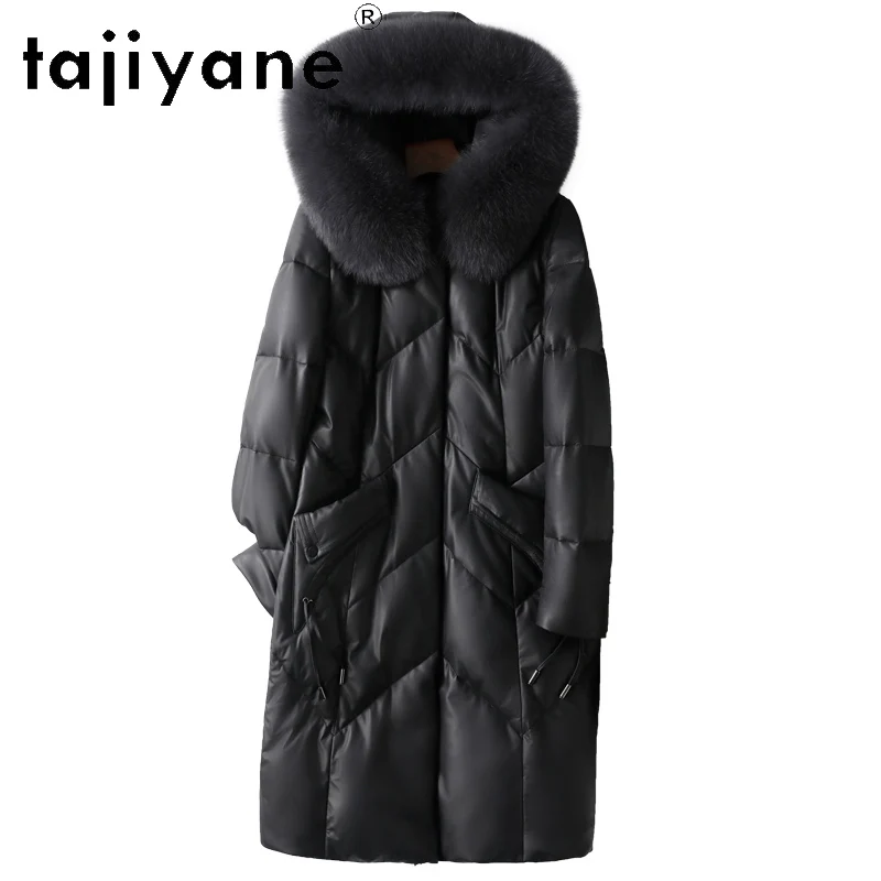 TAJIYANE 100% أعلى الحبوب جلد الغنم أسفل معطف امرأة جلد طبيعي طويل سترة منفوخة مقنعين الثعلب الفراء طوق 2025 الملابس الشتوية #5