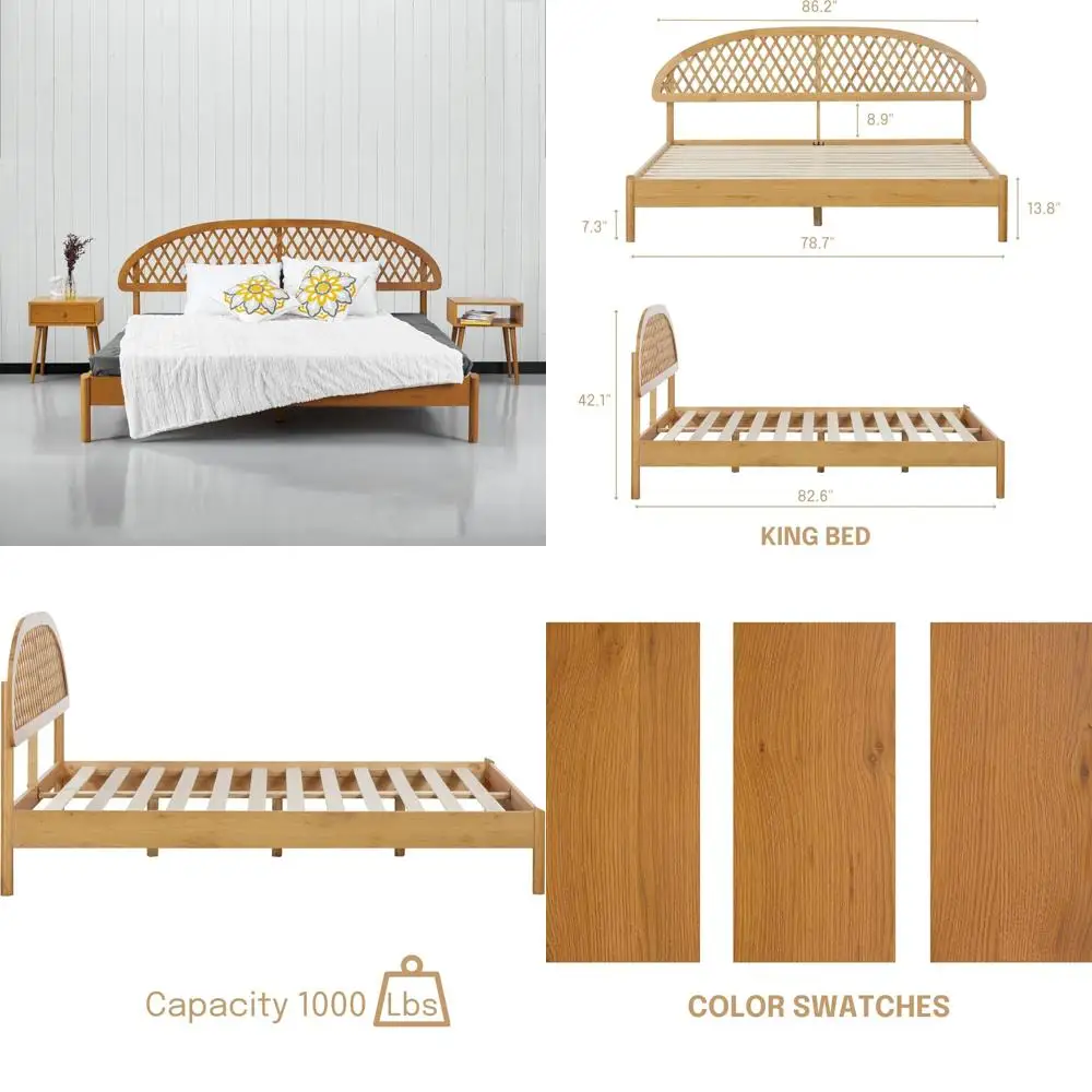 

Solid Oak NTC Gem Wooden Bed Frame with Headboard, featuring Silent Slats and Central Wood Support, 1000 lbs Capacity, Efficient