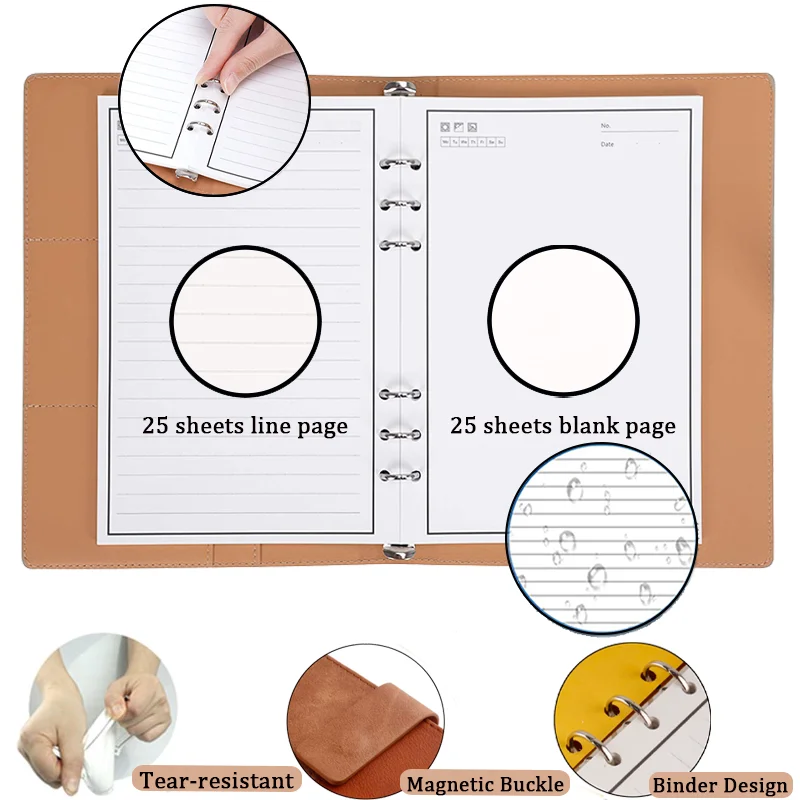 Caderno de couro reutilizável inteligente A5 50 folhas apagável folha solta bloco de notas caderno de desenho para estudantes com caneta material de