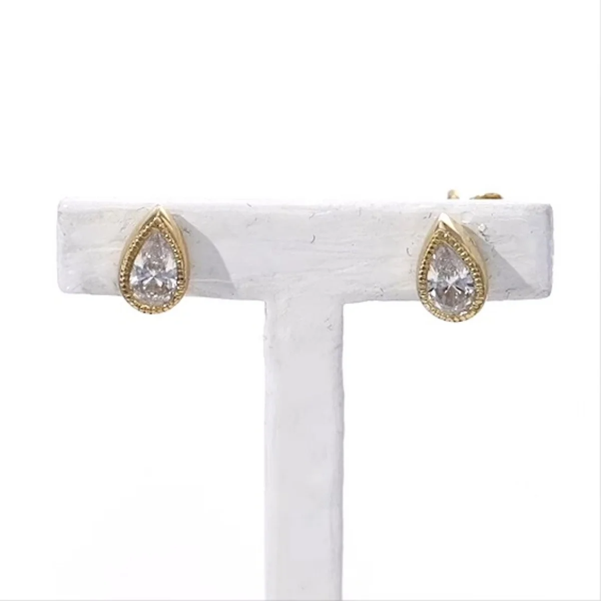 Pear Shaped Solitaire Diamond Stud Earrings 14K Yellow Gold Lab Grown Diamond Vintage Milgrain Bezel Genuine Diamond Earrings