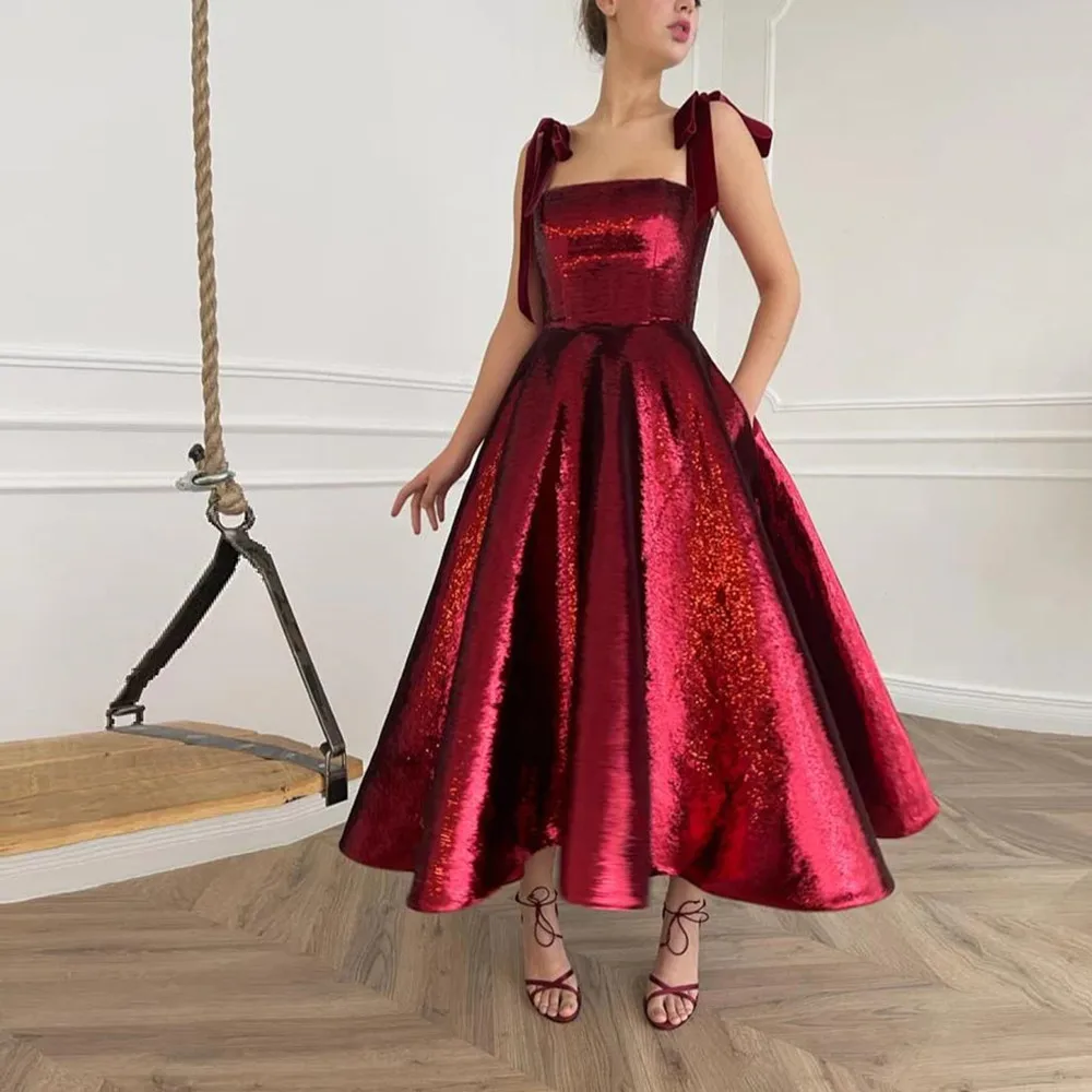 

2023 Designer Wine Red Prom Dresses Sparkly Sequins Ankel Length Velvet Straps Swete Short Evening Night Party Gowns Maxi