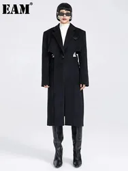 [EAM] Loose Fit Black Hollow Out Long Big Size Woolen Coat Parkas New Long Sleeve Women Fashion Tide Autumn Winter 2024 1DF3357