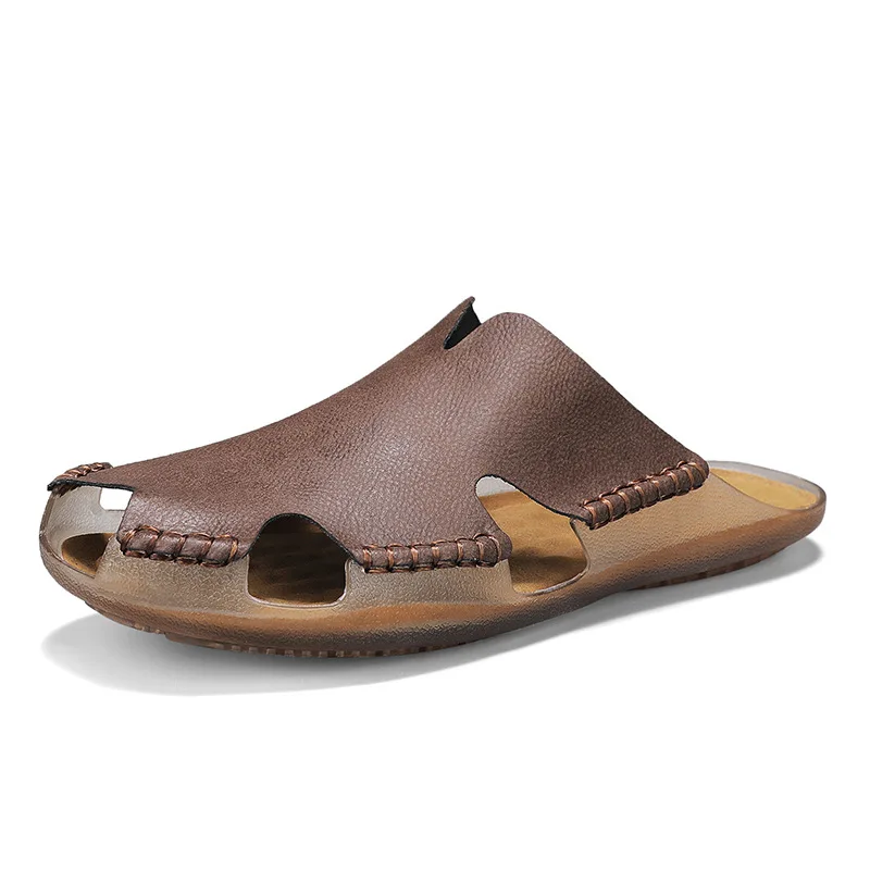 Men's Summer Genuine Leather Closed Toe Slippers Slip-On Anti-Slip Durable Outdoor Beach Sandals Size 47 48 Designer Shoes Men