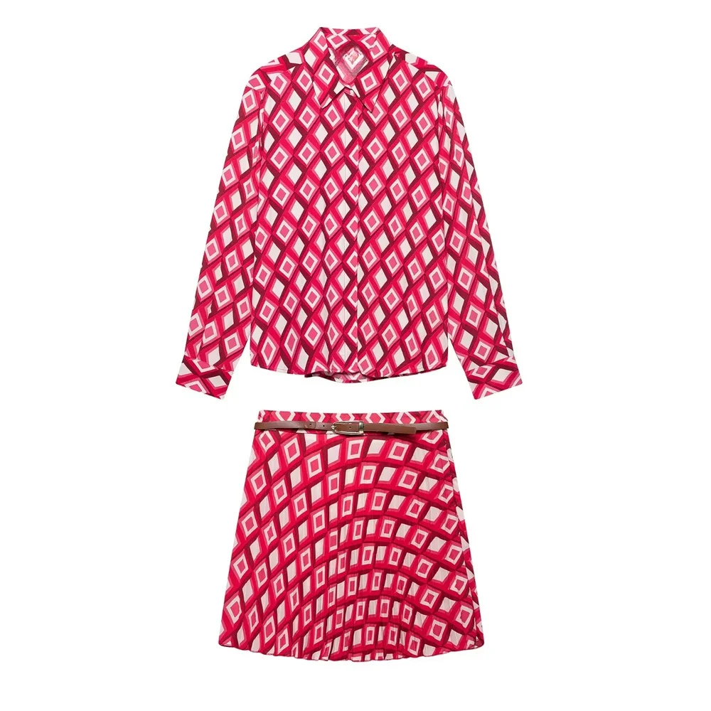 

Myst&Za 2025 New Women's Long - sleeved Shirt and Skirt Set with Geometric Print and Belt for a Stylish and Fashionable Look