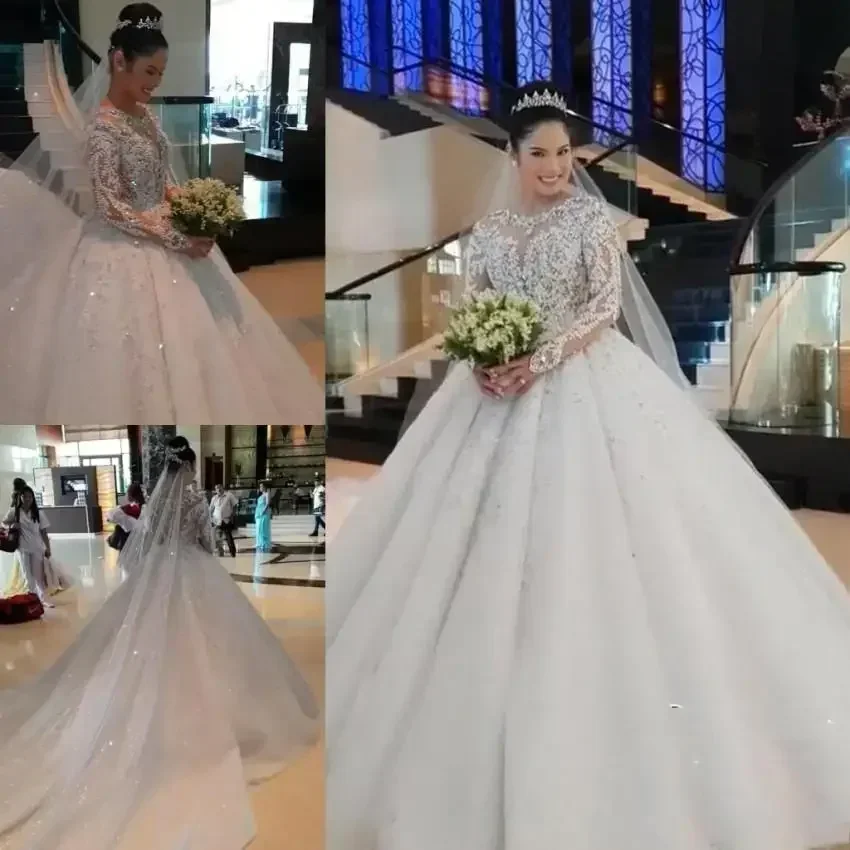 Personalizado novo vestido de baile muçulmano vestidos de casamento jóia pescoço rendas apliques contas lantejoulas mangas compridas catedral árabe formal br