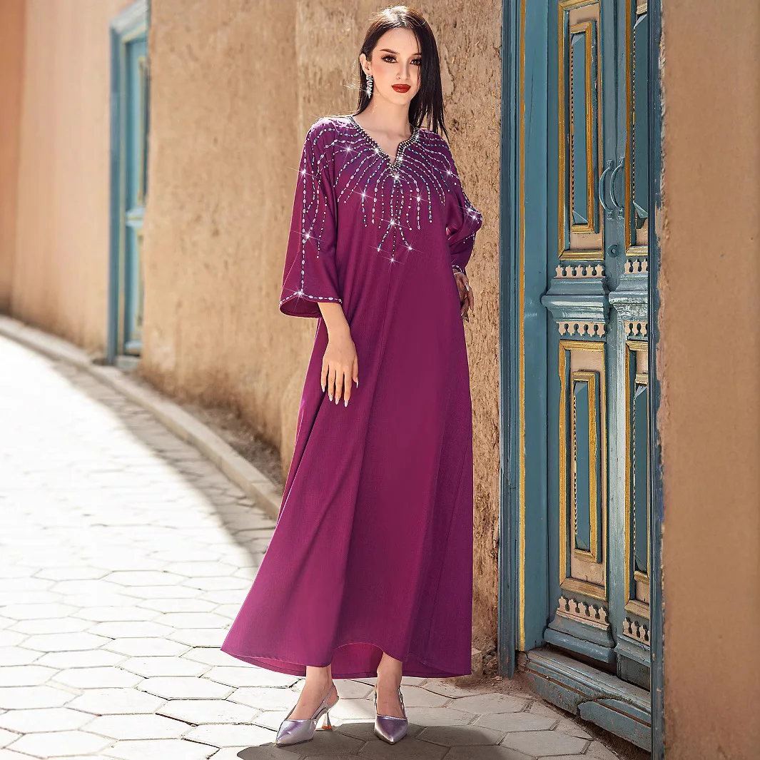 BA5149 New Berry Purple Heavy Industry Hand sewn Diamond Dress Arabian Robe Women's Wear