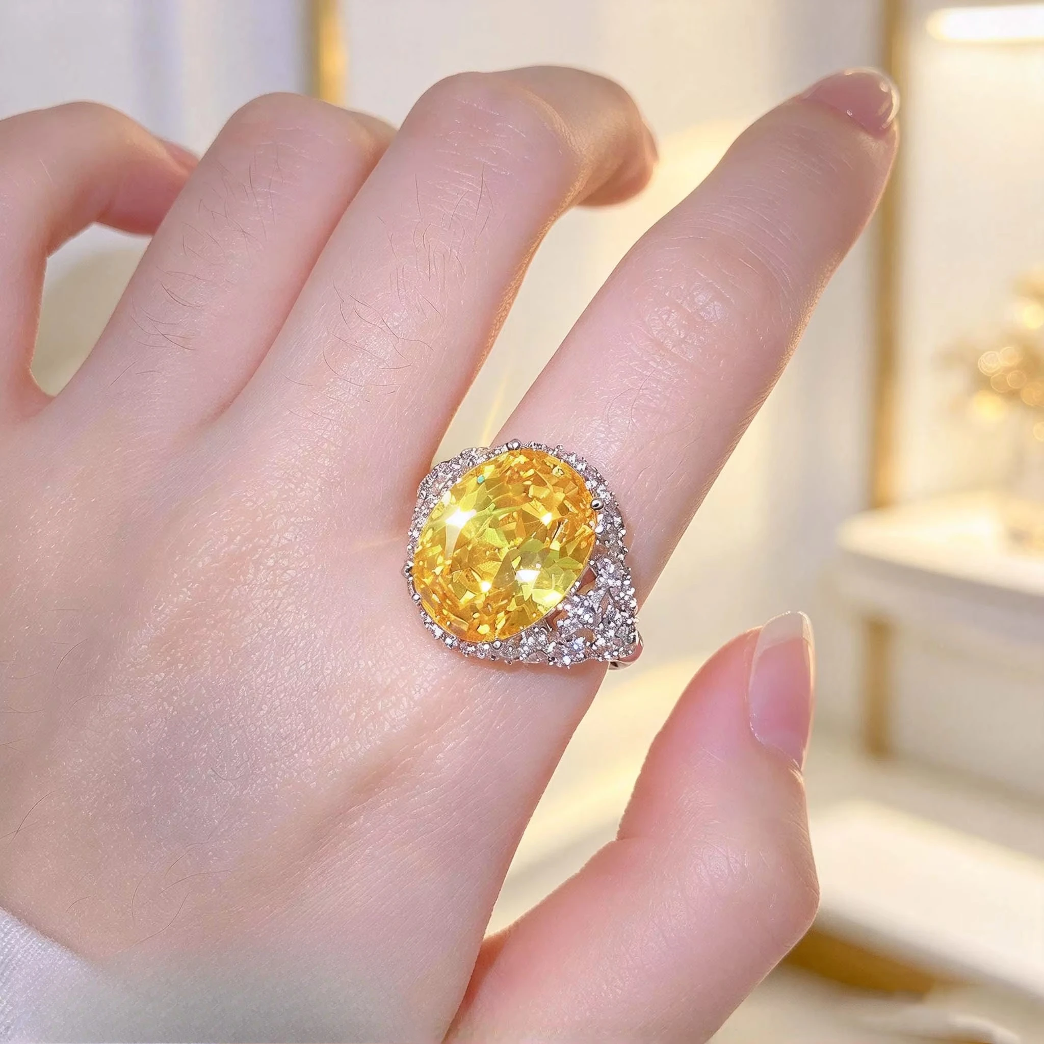 925 silver new model ring - luxurious wedding ring with micro-set diamonds and yellow diamonds, open design