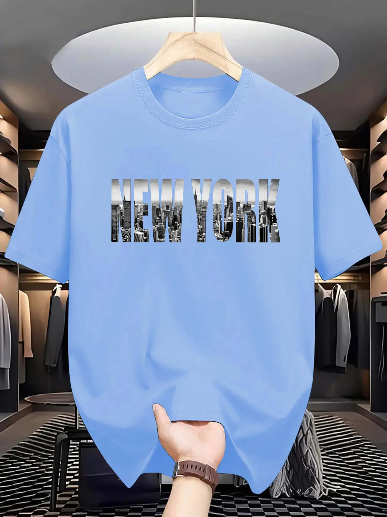 Summer men's 100% pure cotton casual loose plus size New York City printed sports comfortable round neck short sleeved T-shirt image 5