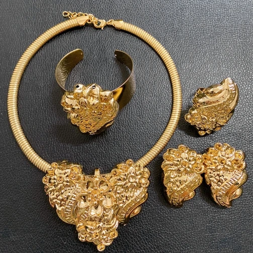 4pcs-gold-plated-statement-jewelry-set-for-women-chunky-bow-floral-textured-necklace-earrings-bracelet-ring-for-wedding-party