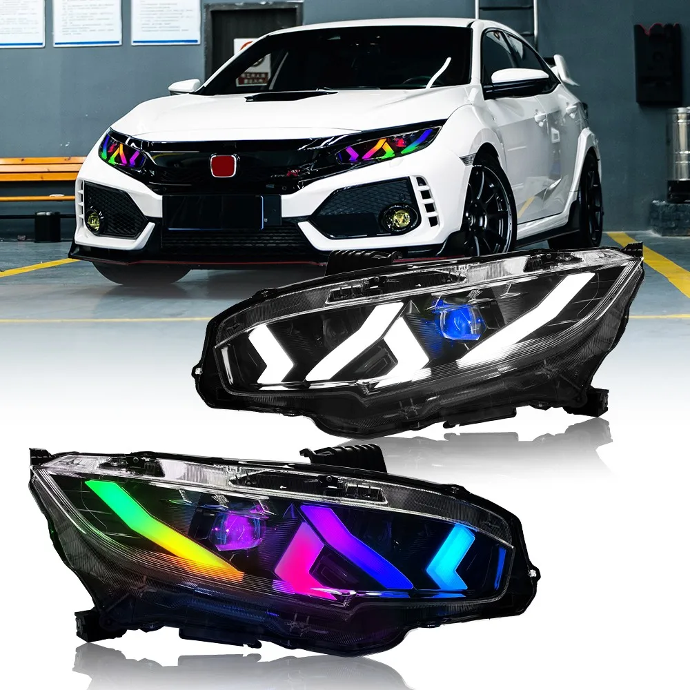

LED Headlight Assembly For 2016-2021 Honda Civic Sequential Signal Full LED Projector Headlights RGB 2x