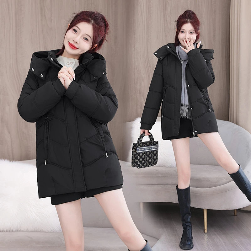 신상 여성 겨울 면 패딩 재킷 중간 길이 파카 긴 소매 후드 두꺼운 따뜻한 루즈 캐주얼 소녀 핑크 아우터웨어 시크 디자인