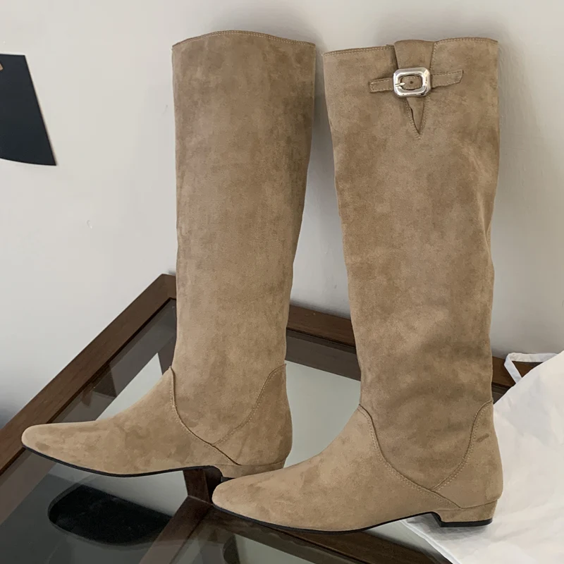 

Aneikeh Pointed Toe Knee-High Boots Luxury Women's Boots Winter Punk Buckle Strap Low Heels Female Long Booties Zapatos De Mujer