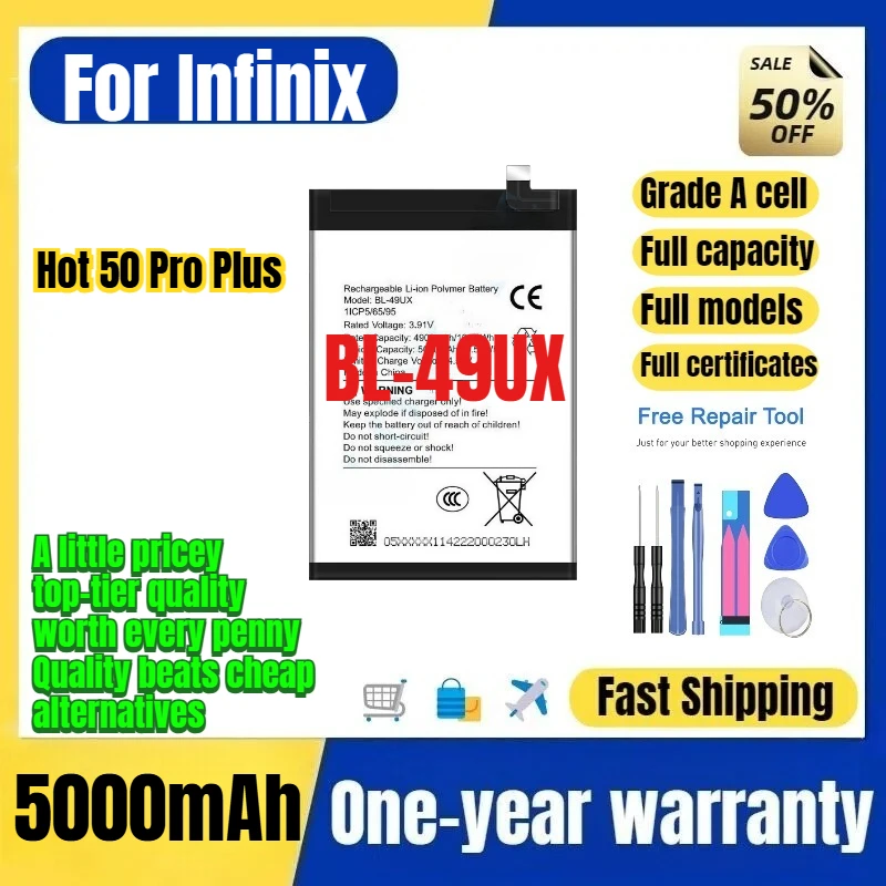 BL-49UX for Infinix Tecno Hot 50 Pro Plus Phone Battery 0Cycle High Capacity Battery Replacement Bateria Grade A Cell with Tools