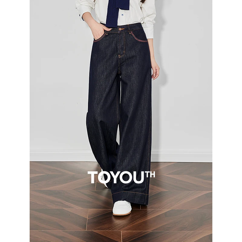 TOYOUTH Women Denim Jeans 2025 Spring New Contrasting Color Mid Waist Straight Wide Leg Long Pants