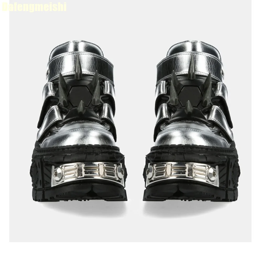 Dark Space Silver Thick-Soled Shoes Big Rivets Height-Increasing Boots Unisex Punk Metal Rock Tank Thick-Soled High-Top Shoes
