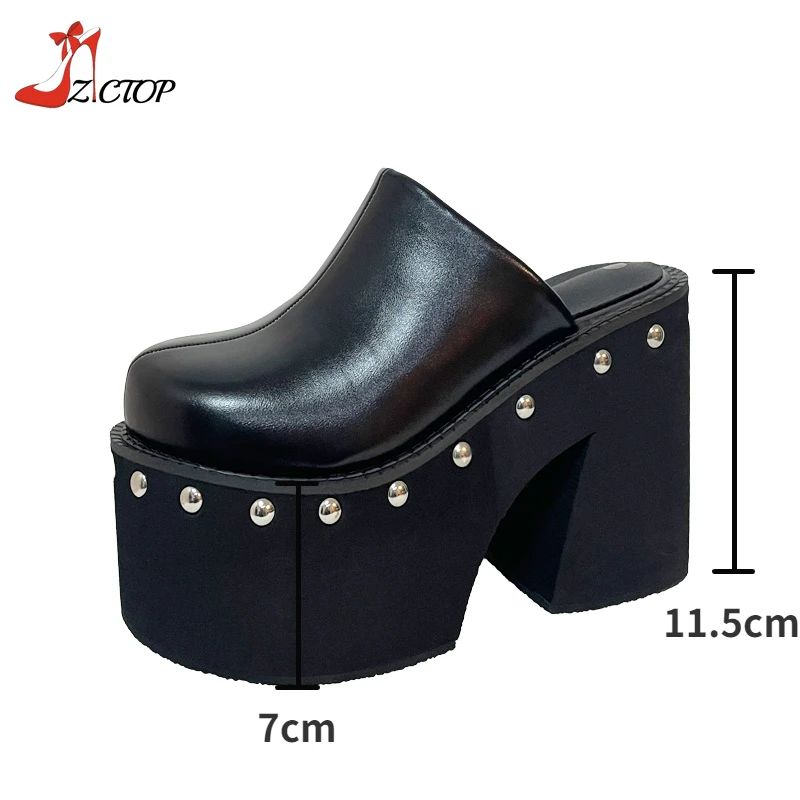 Women\'s Platform Sandals Black Gothic Closed Toe Chunky High Heels Slippers Rivet Slip On Y2k Punk Shoes Women Summer Size 41 42