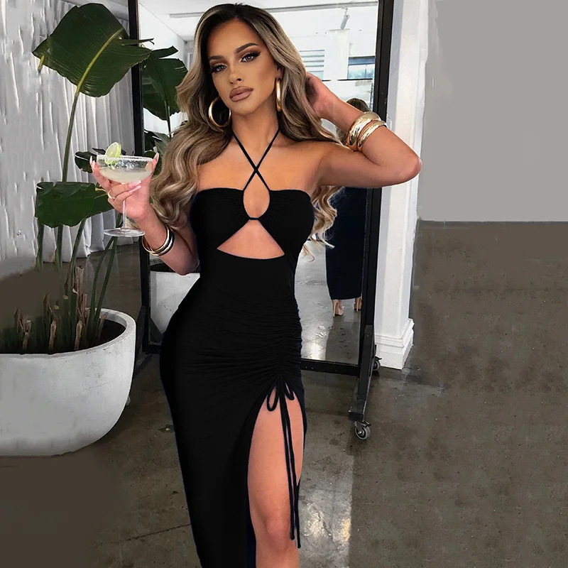 

2025European and American Women's Fashion Spring New Halter Neck Long Backless Slit Drawstring Dress Wom