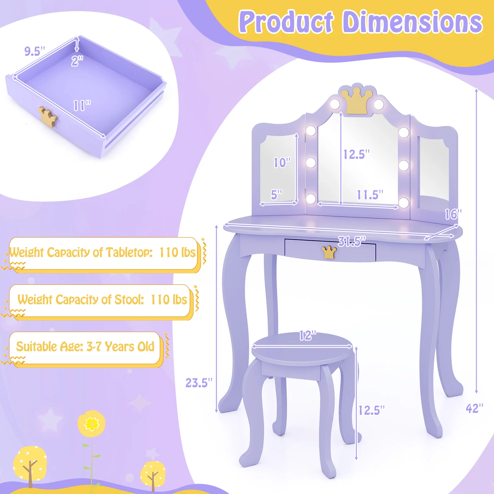 Kids Vanity Set Princess Vanity Table & Chair Set with Lighted Mirror