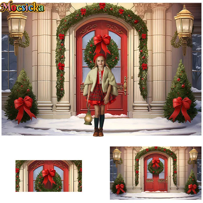 

Mocsicka Photography Background Winter Christmas Snowy Red Front Door Xmas Tree Kids Family Portrait Decor Backdrop Photo Studio