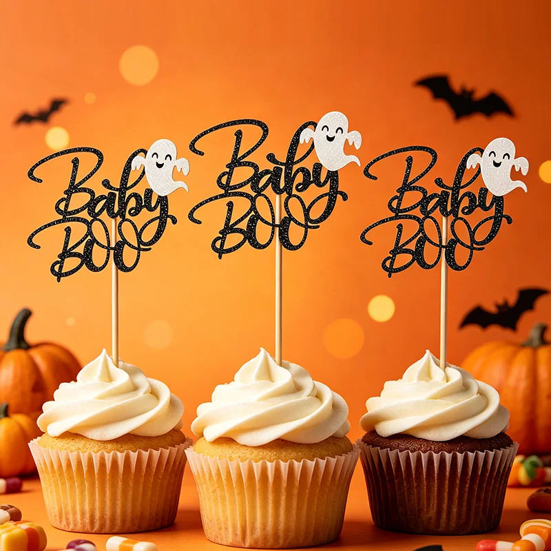 YOMDID 24Pcs Halloween Boo Cupcake Toppers Glitter Boo Ghost Silhouette Cake Picks for Fall Holiday Party Cake Decorations - view 4
