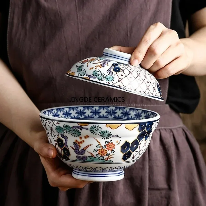 

Керамическая крытая миска в японском стиле, крытая миска для лапши быстрого приготовления, горшок для тушения яиц на пару, миска для риса из говядины, кухонная керамическая посуда