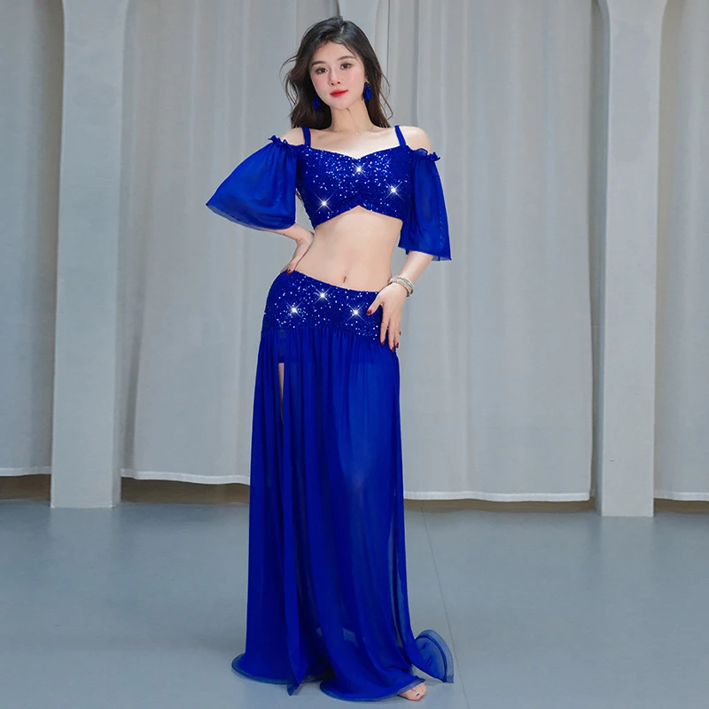 Elegante dança do ventre topos + saia conjunto feminino roupas de dança oriental lantejoulas senhora competição palco desempenho prática traje