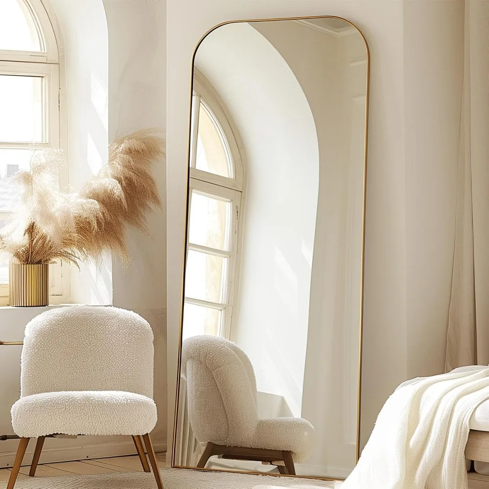 Übergroßer, gewölbter Boden- oder Wandspiegel – Gold-Finish, freistehender Ständer für Wohnzimmer und Schlafzimmer, groß, 71 x 26 Vollspiegel