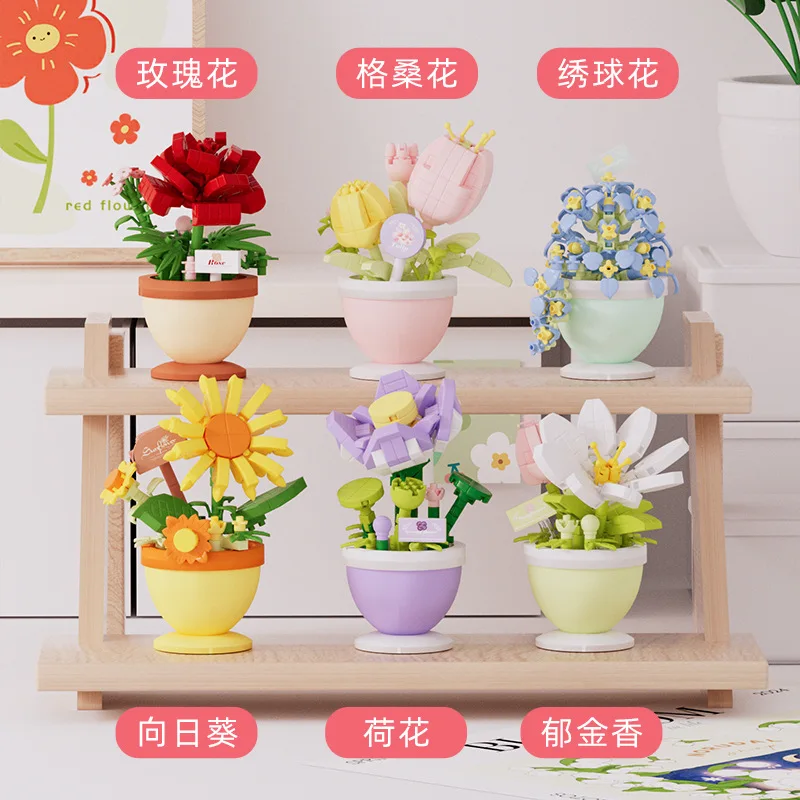 New Arrival Desktop Decoration Flower Succulent Pot DIY Building Block Puzzle Assembly Model Children's Toys Gift