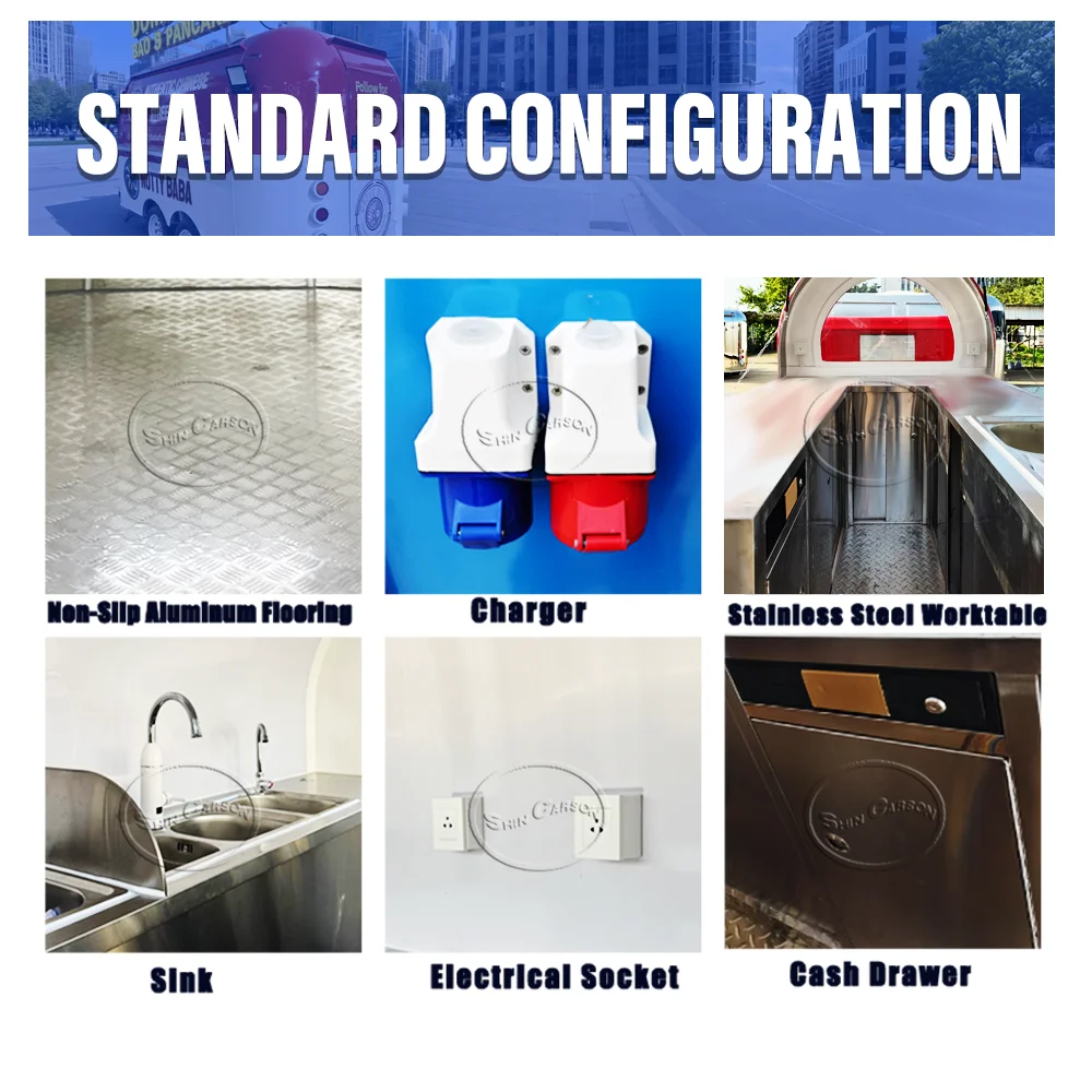 รถพ่วงขายอาหารเคลื่อนที่แบบกำหนดเองสำหรับขายพิซซ่า ไอศกรีม และอาหารอื่นๆ พร้อมอุปกรณ์ครบครัน