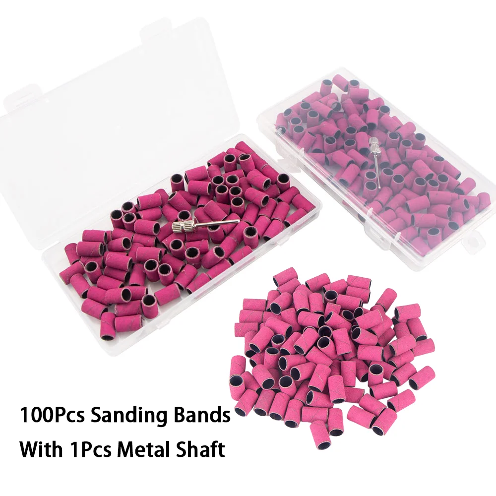 100Pcs Sanding Bands With 1Pcs Metal Shaft Set For Manicure Gel Polish Remover Replacement Tools Nail Drill Bits