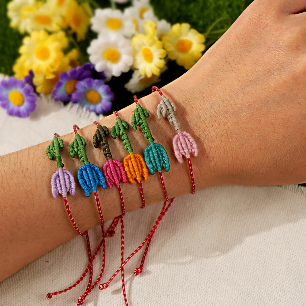 Handwork Tulips Bracelet Rainbow Color Hand Knitting Braided Small Flower Adjustable Lucky Charm Simple Friendship Gift