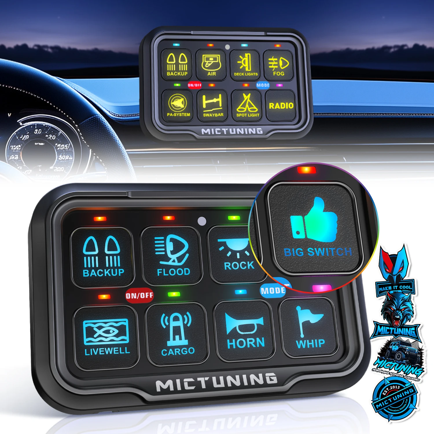 

MICTUNING 8 Gangs RGB Lights On-Off Switch Panel 5inch 12v control panel Switch Box for Car Pickup Truck UTV ATV Boat ﻿