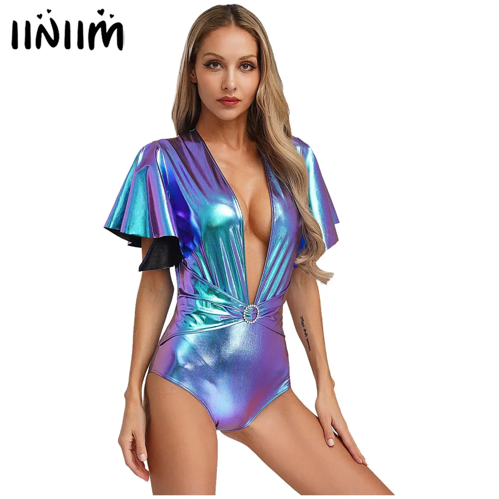 

Women Shiny Metallic Bodysuit Deep V Neck Ruffle Sleeve Bodysuit Fashion Holographic Rave Costume Party Club Wear