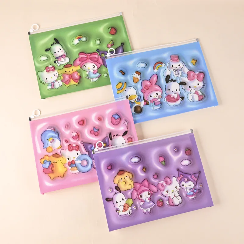 12pcs/lot Sanrio Kitty Melody Kuromi 3D File Holder Cute A4 Ring Document Bag Pencil Case Stationery Pouch Office School Supply