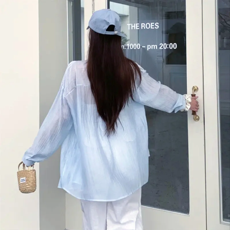 Summer Lightweight White Chiffon Blouse Female Korean Soft Loose Long Sleeve Sun Protection Shirts Sheer Beach Cardigans Shirt