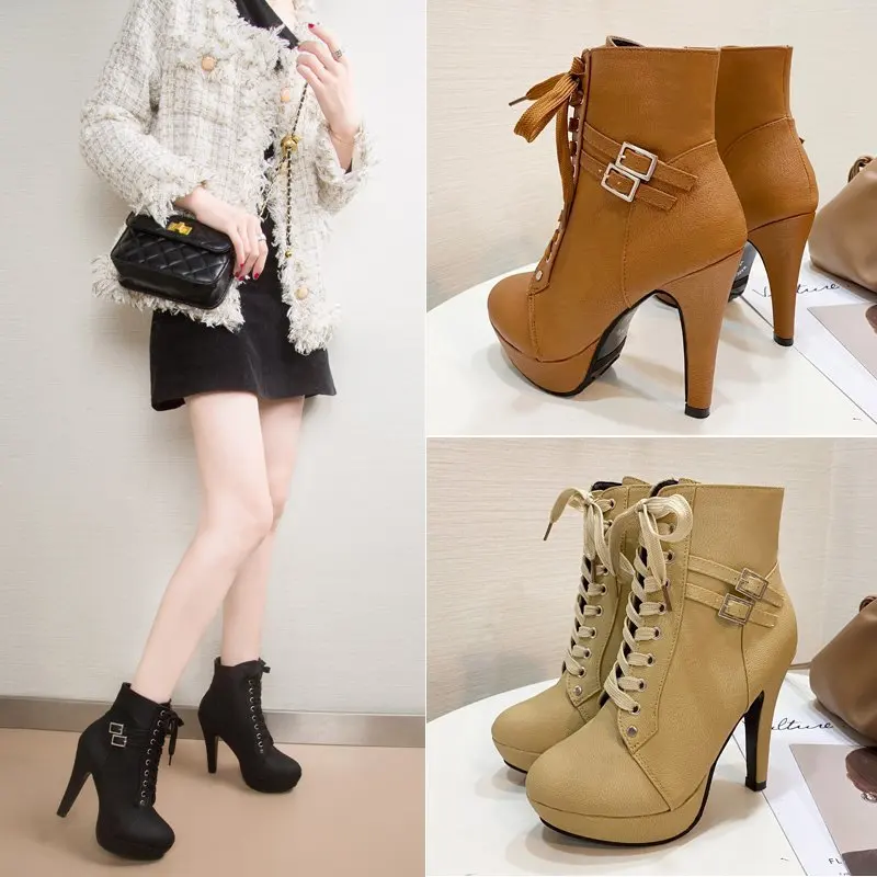 

Fashionable Cross-Tied Boots Women's High-Heeled Short Boots with Belt Buckle Autumn New Style Casual Single Shoes