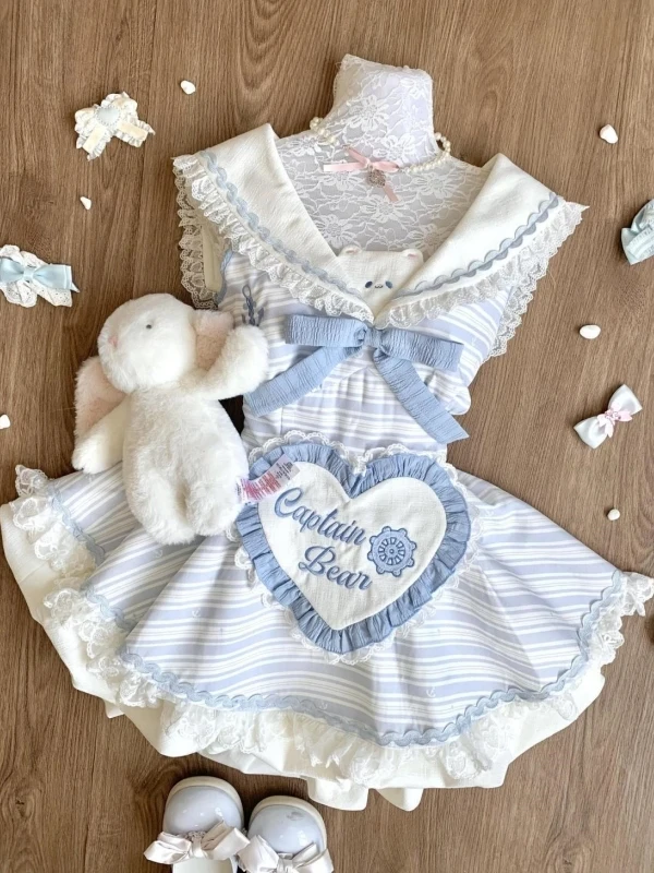 

Cute Princ Sle Lace ort Dr with Navy Collar And Bowknot Waist Slimming Summer Women's Faion Sweet High Waist Dr